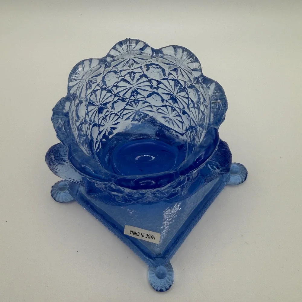 Cobalt Blue Pressed Glass Footed Toothpick Holder Scalloped Rim NIB‎